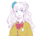  1girl asymmetrical_hair blue_eyes bow breasts cardigan ear_studs earrings gyaru-ko hair_bun jewelry kogal large_breasts lipstick long_hair makeup one_side_up original oshiete!_gyaru-ko-chan school_uniform scrunchie sketch smile solo takahashi_ren 