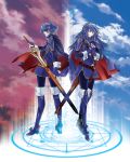  2girls blue_eyes blue_hair butterfly cape dual_persona fingerless_gloves fire_emblem fire_emblem:_kakusei gloves intelligent_systems long_hair lucina marth_(fire_emblem:_kakusei) mask nintendo normal sheath sword tiara tomboy weapon 