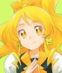  1girl blonde_hair cure_honey earrings eyelashes green_background hair_ornament hair_ribbon happinesscharge_precure! happy jewelry kurochiroko long_hair looking_at_viewer magical_girl oomori_yuuko ponytail precure ribbon shirt simple_background smile solo vest yellow_eyes 