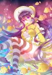  1girl ahoge black_hair breasts cleavage elbow_gloves fish flower flower_on_head gloves hair_ornament hands_clasped headwear highres koyuiko long_hair looking_at_viewer panties pantyshot parted_lips solo striped striped_legwear thighhighs underwear violet_eyes vocaloid vocaloid_china yellow_gloves yuezheng_ling zettai_ryouiki 