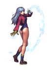  1girl blue_hair boots cropped_jacket gloves highres king_of_fighters kula_diamond legs leotard light_smile long_hair looking_at_viewer red_eyes simple_background solo turna98 white_background 