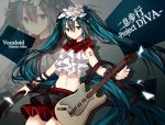  1girl aqua_eyes aqua_hair character_name copyright_name electric_guitar flower guitar hair_flower hair_ornament hatsune_miku instrument long_hair midriff nisoku_hokou_(vocaloid) project_diva_(series) project_diva_f_2nd skirt solo tattoo twintails very_long_hair vocaloid zoom_layer 