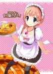  1girl alternate_costume atelier_(series) atelier_rorona black_legwear black_skirt blue_eyes brown_hair cover cover_page dessert doujin_cover food frilled_apron jewelry maid_headdress minidraco necklace pie pink_background plate polka_dot polka_dot_background rororina_fryxell short_hair skirt smile solo thigh-highs waitress 