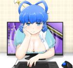  1girl arm_support blue_eyes blue_hair blue_sky breasts cleavage computer_mouse computer_screen down_blouse fourth_wall graphic_tablet hair_ornament hair_rings hair_stick kaku_seiga large_breasts looking_at_viewer nishishi puffy_short_sleeves puffy_sleeves short_sleeves sky smile solo touhou 