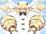  1girl blonde_hair bow chestnut_mouth dress drill_hair fairy_wings hat long_sleeves looking_at_viewer luna_child open_mouth outstretched_arms red_eyes shirosato sleeves_past_wrists solo touhou white_dress wide_sleeves wings 