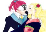  1boy 1girl blonde_hair hiteihime_(katanagatari) katanagatari mask redhead smile souda_emonzaemon white_background 