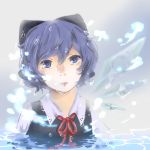  1girl blue_background blue_eyes blue_hair bow cirno expressionless gradient gradient_background hair_bow head_tilt lips looking_at_viewer lowres mokoiscat partially_submerged ribbon short_hair solo touhou water_droplets wings 