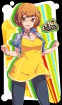  1girl alternate_costume breasts brown_eyes brown_hair cleavage copyright_name dev dress glasses highres jacket open_clothes open_jacket open_mouth persona persona_4 persona_4_the_golden ribbon satonaka_chie short_hair smile solo spandex 
