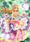  1girl bare_shoulders barefoot blonde_hair butterfly dress flower hair_flower hair_ornament hairband kasugaya_(howafuwacat) long_hair minigirl original red_eyes solo 