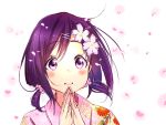  1girl blush brown_hair hanayamata low_twintails petals sekiya_naru solo twintails ume_(plumblossom) violet_eyes 