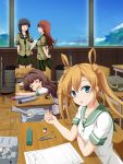  4girls =_= ^_^ abukuma_(kantai_collection) ahoge aqua_eyes bangs black_hair blue_sky blunt_bangs braid brown_hair classroom closed_eyes desk double_bun eraser green_skirt hand_on_hip head_rest highres kantai_collection kitakami_(kantai_collection) kuma_(kantai_collection) long_hair looking_at_viewer machinery mechanical_pencil multiple_girls neckerchief ooi_(kantai_collection) orange_hair pencil pleated_skirt rensouhou-chan sailor_collar school_uniform serafuku shira-nyoro single_braid skirt sky torpedo twintails 