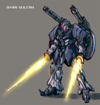  banchengping@126 beam_saber cannon character_name dual_wielding energy_sword glowing glowing_eye grey_background gundam gundam_build_fighters gyan_vulcan mecha no_humans pink_eyes redesign shield simple_background solo sword weapon 