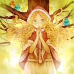  1girl aqua_eyes bird blonde_hair blurry hands_clasped hoodie koyuiko long_hair looking_at_viewer original tagme tree 