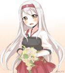  :d blush bouquet brown_eyes flower gradient gradient_background hairband highres japanese_clothes kantai_collection long_hair looking_at_viewer muneate open_mouth pleated_skirt red_skirt shoukaku_(kantai_collection) skirt smile solo twitter_username white_hair you-1110 