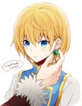  2boys birthday blonde_hair blue_eyes blush character_name chrollo_lucilfer earrings embarrassed english eyelashes fur fur_trim happy_birthday hunter_x_hunter jacket jewelry kurapika looking_at_viewer multiple_boys shirt simple_background white_background white_shirt yukiji_tokiji 