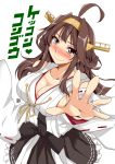  1girl ahoge aoi_manabu black_eyes breasts brown_hair cleavage kantai_collection kongou_(kantai_collection) large_breasts long_hair simple_background solo translation_request white_background 