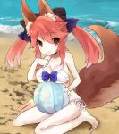  1girl animal_ears ball beachball bikini breasts brown_eyes caster_(fate/extra) fate/extra fate_(series) fox_ears fox_tail hair_ribbon highres hinuo_ex pink_hair ribbon solo swimsuit tail twintails 
