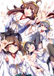  4girls ahoge black_hair blue_eyes brown_hair clenched_teeth detached_sleeves glasses green-framed_glasses hairband haruna_(kantai_collection) headgear hiei_(kantai_collection) highres japanese_clothes kantai_collection kirishima_(kantai_collection) kongou_(kantai_collection) konkito long_hair looking_at_viewer multiple_girls one_eye_closed personification petals semi-rimless_glasses short_hair under-rim_glasses v violet_eyes wide_sleeves 
