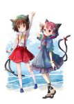  2girls animal_ears arm_up bell blue_dress braid breasts brown_eyes brown_hair cat_ears cat_tail chen dress hair_bobbles hair_ornament kaenbyou_rin koma_midori looking_at_viewer mob_cap multiple_girls multiple_tails open_mouth puffy_short_sleeves puffy_sleeves red_eyes ribbon shirt short_sleeves skirt sleeveless sleeveless_shirt smile suspenders tail tail_bell tail_ribbon touhou twin_braids wrist_ribbon 