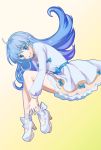  1girl blue_eyes blue_hair dress eyelashes gradient gradient_background happinesscharge_precure! happy high_heels kagosayu long_hair looking_at_viewer precure ribbon shirayuki_hime shoes smile solo yellow_background 