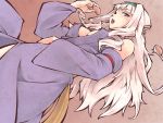  1girl alternate_costume breasts cleavage doku_hebi dutch_angle food hairband idolmaster japanese_clothes long_hair looking_at_viewer open_mouth red_eyes shijou_takane silver_hair solo 