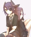  2girls back-to-back black_gloves black_legwear cardigan eyepatch gloves heart highres kantai_collection knees_up long_sleeves mechanical_halo multiple_girls necktie purple_hair school_uniform short_hair sitting sleeves_rolled_up tatsuta_(kantai_collection) tenryuu_(kantai_collection) thighhighs twitter_username violet_eyes yellow_eyes you-1110 zettai_ryouiki 