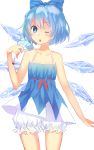  1girl adapted_costume bare_arms bare_shoulders bloomers blue_dress blue_eyes blue_hair chestnut_mouth cirno collarbone dress fan highres melting nyanku one_eye_closed open_mouth simple_background sleeveless sleeveless_dress solo sundress touhou underwear white_background 