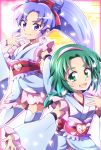  2girls akimoto_komachi anmitsu_komachi cosplay crossover cure_fortune cure_fortune_(cosplay) detached_sleeves earrings frills green_eyes green_hair hair_ornament hair_ribbon hairband happinesscharge_precure! hikawa_iona hitopm japanese_clothes jewelry magical_girl multiple_girls ponytail precure purple_hair ribbon violet_eyes yes!_precure_5 yes!_precure_5_gogo! 