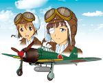  a6m_zero airplane clouds eyepatch goggles helmet highres military miyafuji_yoshika sakamoto_mio scarf sky smile squadron strike_witches world_war_ii 