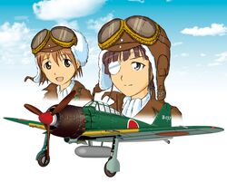  a6m_zero airplane clouds eyepatch goggles helmet highres military miyafuji_yoshika sakamoto_mio scarf sky smile squadron strike_witches world_war_ii 