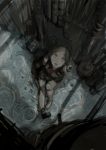  1girl alley android artist_request black_hair doll_joints grey grey_eyes highres looking_up mechanical missing_limb open_mouth original pov rain ripples sitting 