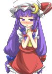  1girl ascot blush chestnut_mouth cosplay crescent crescent_hair_ornament dress flandre_scarlet flandre_scarlet_(cosplay) gaoo_(frpjx283) hair_ornament hair_ribbon hands_together hat highres long_hair looking_at_viewer mob_cap patchouli_knowledge puffy_short_sleeves puffy_sleeves purple_hair red_dress ribbon short_sleeves solo touhou tress_ribbon violet_eyes 