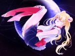  1girl bishoujo_senshi_sailor_moon blonde_hair blue_skirt boots closed_eyes double_bun earrings full_moon gloves highres hukikojyakku jewelry long_hair magical_girl moon sailor_moon skirt solo tiara tsukino_usagi twintails white_gloves 