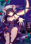  1girl absurdres black_hair breasts bridal_gauntlets cleavage crescent_moon dress flower hairband highres horns lolita_hairband moon nanaroba_hana outstretched_arm purple_dress purple_gloves red_eyes rose silhouette single_glove spaghetti_strap window 