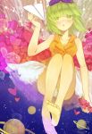  1girl bare_legs blush breasts cleavage goggles goggles_on_head green_eyes green_hair gumi heart holding koyuiko paper_airplane parted_lips planet short_hair solo tagme vocaloid 