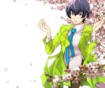  1girl alternate_costume arms_up blue_eyes blue_hair coat earrings flower jewelry kknoe looking_at_viewer necktie persona persona_4 petals reverse_trap shirogane_naoto short_hair solo tree white_background 