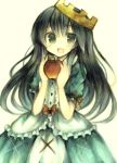  1girl :d apple black_eyes black_hair crown food fruit highres holding long_hair marchen open_mouth schneewittchen simple_background smile solo sound_horizon tagme traditional_media wiriam07 