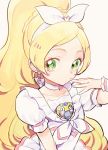  1girl blonde_hair blush braid choker cure_rhythm dress earrings green_eyes hair_ornament hair_ribbon hairband jewelry kurochiroko long_hair looking_at_viewer magical_girl minamino_kanade ponytail precure puffy_sleeves ribbon simple_background single_braid solo suite_precure white_background white_dress wrist_cuffs 