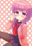  1girl alternate_costume alternate_hairstyle bespectacled braid glasses long_hair marshmallow_mille pantyhose patchouli_knowledge purple_hair school_uniform solo sweater_jacket touhou twin_braids violet_eyes 