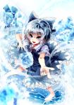  1girl barefoot blue_eyes blue_hair blue_nails bow cirno dress frilled_dress frills hair_bow highres ice ice_wings kotonoman looking_at_viewer nail_polish neck_ribbon open_mouth pointing pointing_at_viewer ribbon short_hair short_sleeves snowflakes solo touhou wavy_hair wings 
