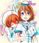  2girls :3 amarisu blush brown_hair closed_eyes hat hoshizora_rin koizumi_hanayo looking_at_viewer love_live!_school_idol_project multiple_girls necktie open_mouth orange_hair scarf short_hair sketch smile violet_eyes 