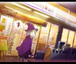  ao_(aohari) ao_(artist) bike_shorts convenience_store engrish family_mart green_eyes grey_hair halloween hat looking_up night ranguage shop witch witch_hat 