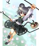 2girls :3 animal_ears basket cat_ears chen chibi danmaku dowsing_rods grey_hair jewelry katahira_masashi mouse_ears mouse_tail multiple_tails nazrin outstretched_arms pendant red_eyes short_hair spread_arms tail touhou 