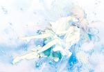  blue_eyes couple feet grey_hair hand_holding highres holding_hands original pale_skin sugi water wings 