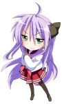  crossed_arms dragon_ball dragonball earrings from_above fusion green_eyes highres hiiragi_kagami izumi_konata jewelry konagami long_hair lucky_star mole parody purple_hair rindou_(awoshakushi) school_uniform serafuku smirk solo thighhighs 