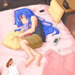  barefoot bed blue_hair character_doll chocolate_cornet clock closed_eyes doll feet glass hiiragi_kagami hug izumi_konata long_hair lucky_star mole pillow playstation_portable psp sleeping soles solo tatsuno_ryou toes umd 