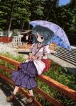 green_hair highres hitsuji_(artist) original sitting solo umbrella 