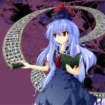  bad_id blue_hair book hat kamishirasawa_keine long_hair parody red_eyes ribbon rupa scroll solo style_parody touhou 