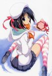  absurdres beret black_hair bow buttons chocolate from_behind hat highres looking_back mittens pleated_skirt sad scan scarf shoes short_hair sitting skirt snow solo striped striped_legwear striped_thighhighs suzuhira_hiro tears thigh-highs thighhighs valentine wariza 