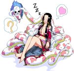  barefoot black_hair blush boa_hancock cape closed_eyes crossed_legs dreaming drooling earrings feet heart jewelry long_hair luceva midriff off_shoulder one_piece open_mouth saliva salome_(one_piece) sitting skull sleeping snake 